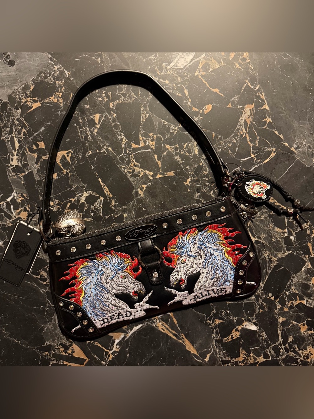 Ed Hardy Black Dead or Alive Mustang Shoulder Bag